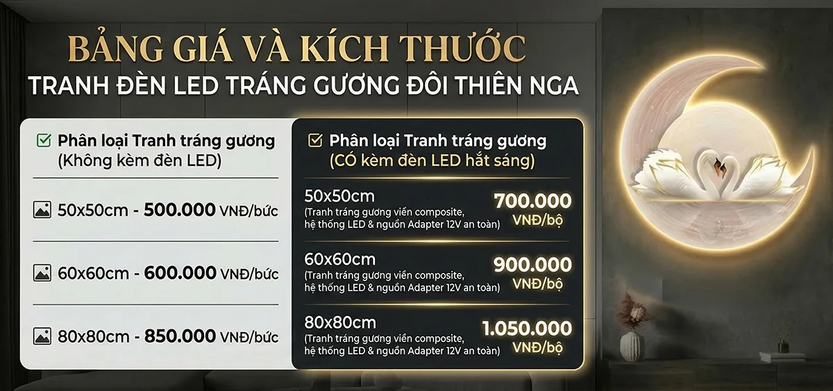 Bảng báo giá và kích thước tranh tráng gương gỗ MDF khung viền composite đôi thiên nga.