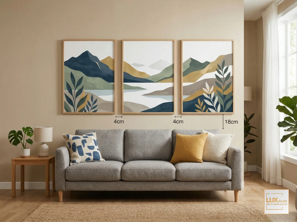 Ảnh minh họa quy tắc khoảng cách treo bộ 3 tranh triptych trang trí phòng khách homestay.
