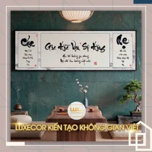 Bộ 3 bức tranh treo tường thư pháp Cha Mẹ và Gia Hòa Vạn Sự Hưng nền trắng.