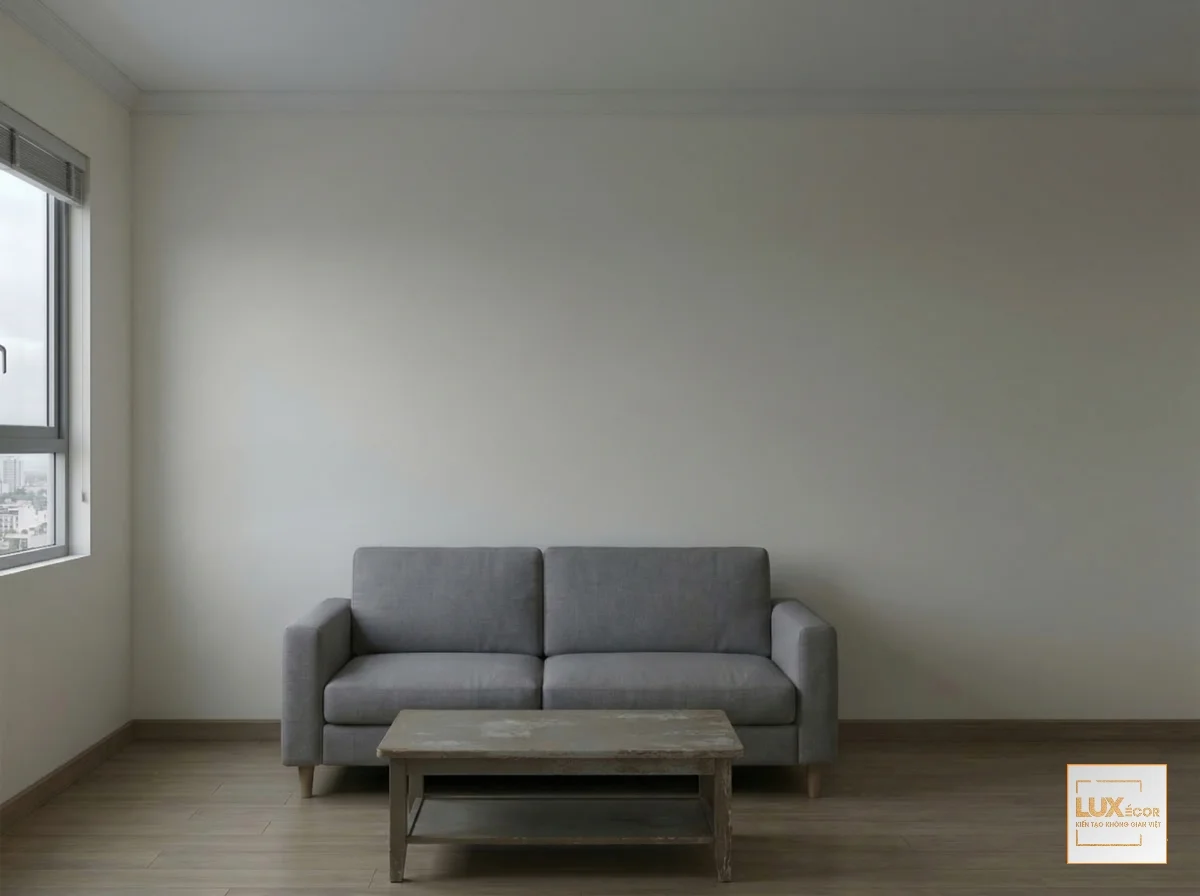 Bức tường phòng khách trống trải thiếu điểm nhấn trước khi cải tạo bằng tranh treo tường.