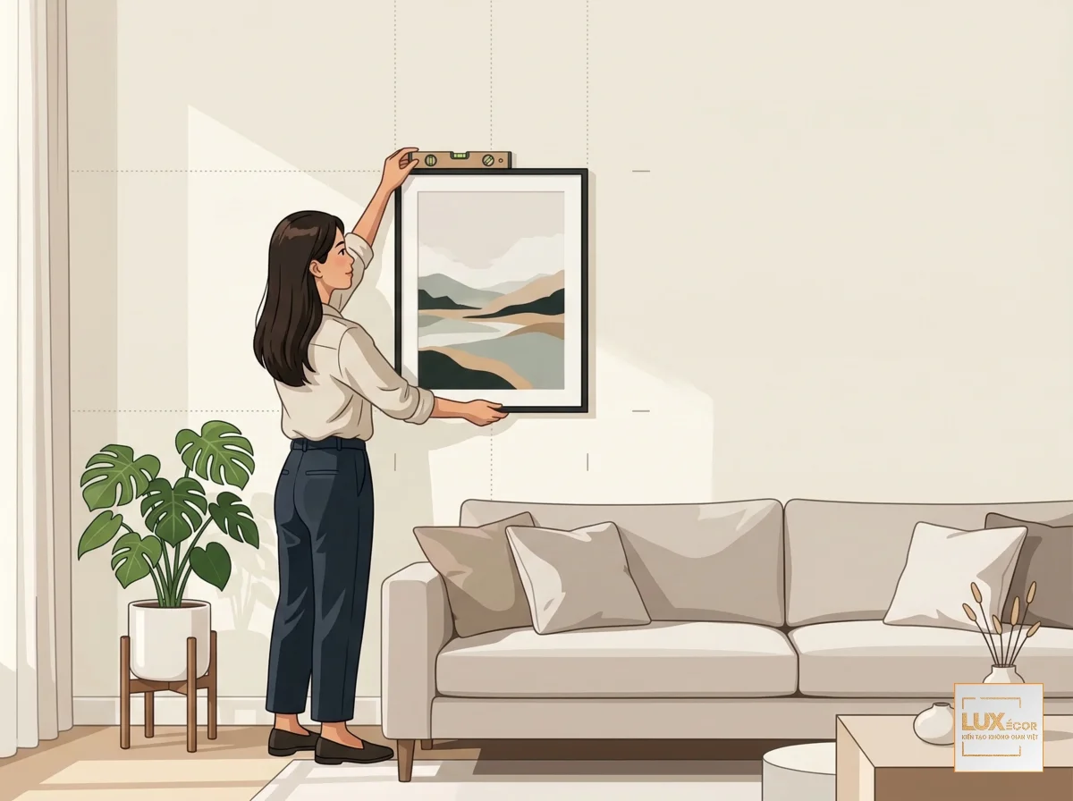 Người phụ nữ đang treo tranh cẩn thận trong phòng khách, tối ưu hiệu quả thị giác.