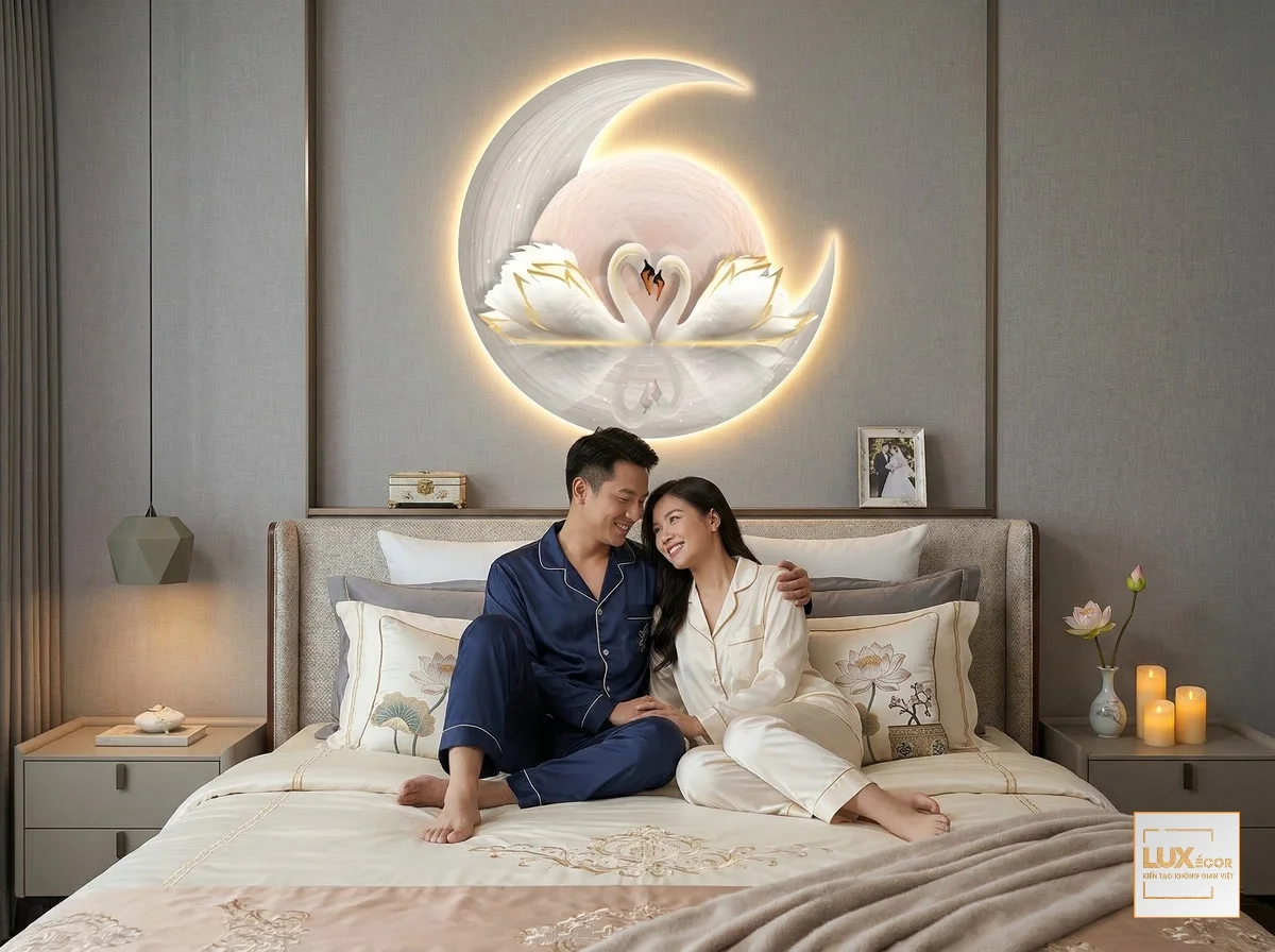 Cặp đôi ngồi thư giãn trên giường với tranh decor trăng thiên nga tỏa sáng warm light trong phòng ngủ.