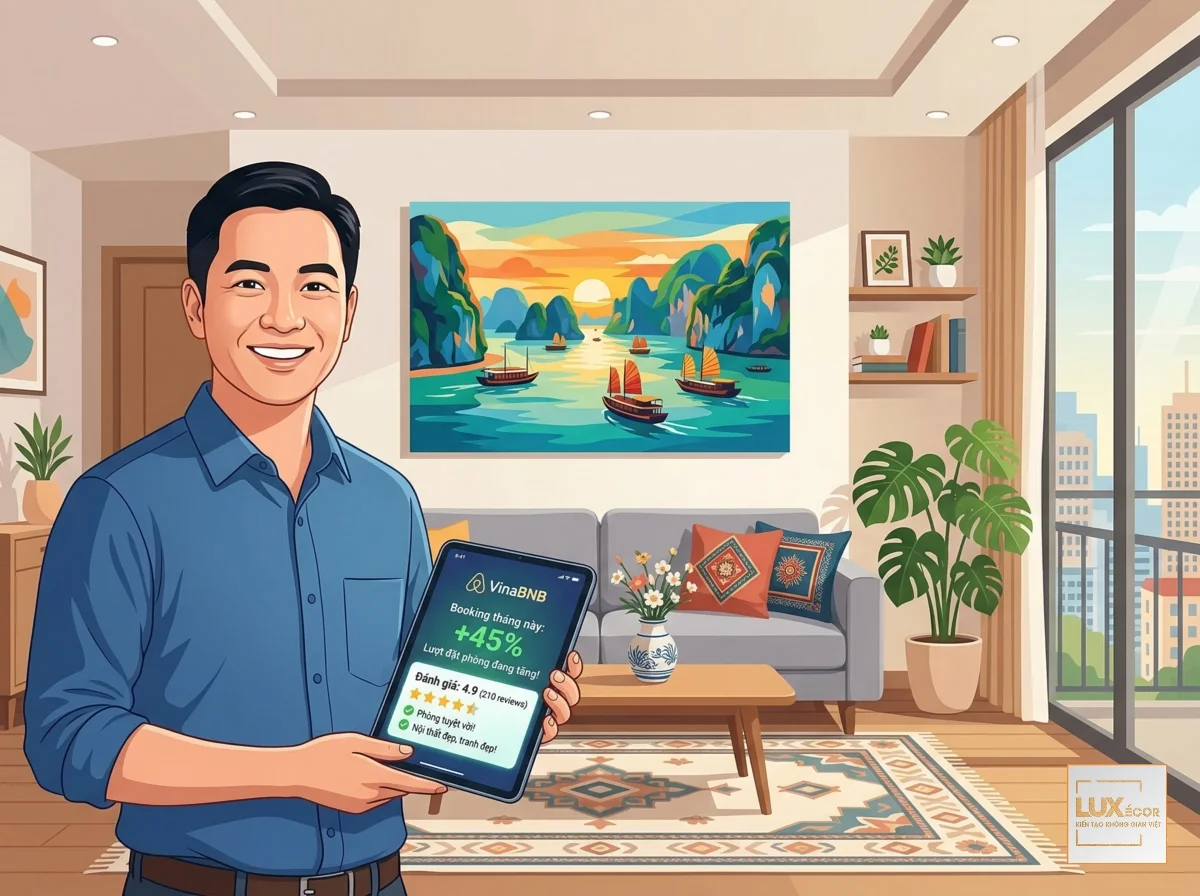 Chủ nhà căn hộ cho thuê vui vẻ với tranh treo tường đẹp giúp tăng booking.