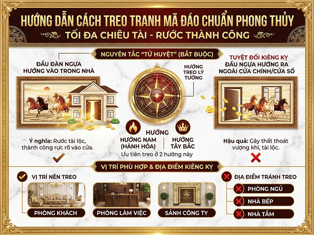 Hướng dẫn chi tiết cách treo tranh bát mã giúp gia chủ chiêu tài lộc đúng phong thủy.