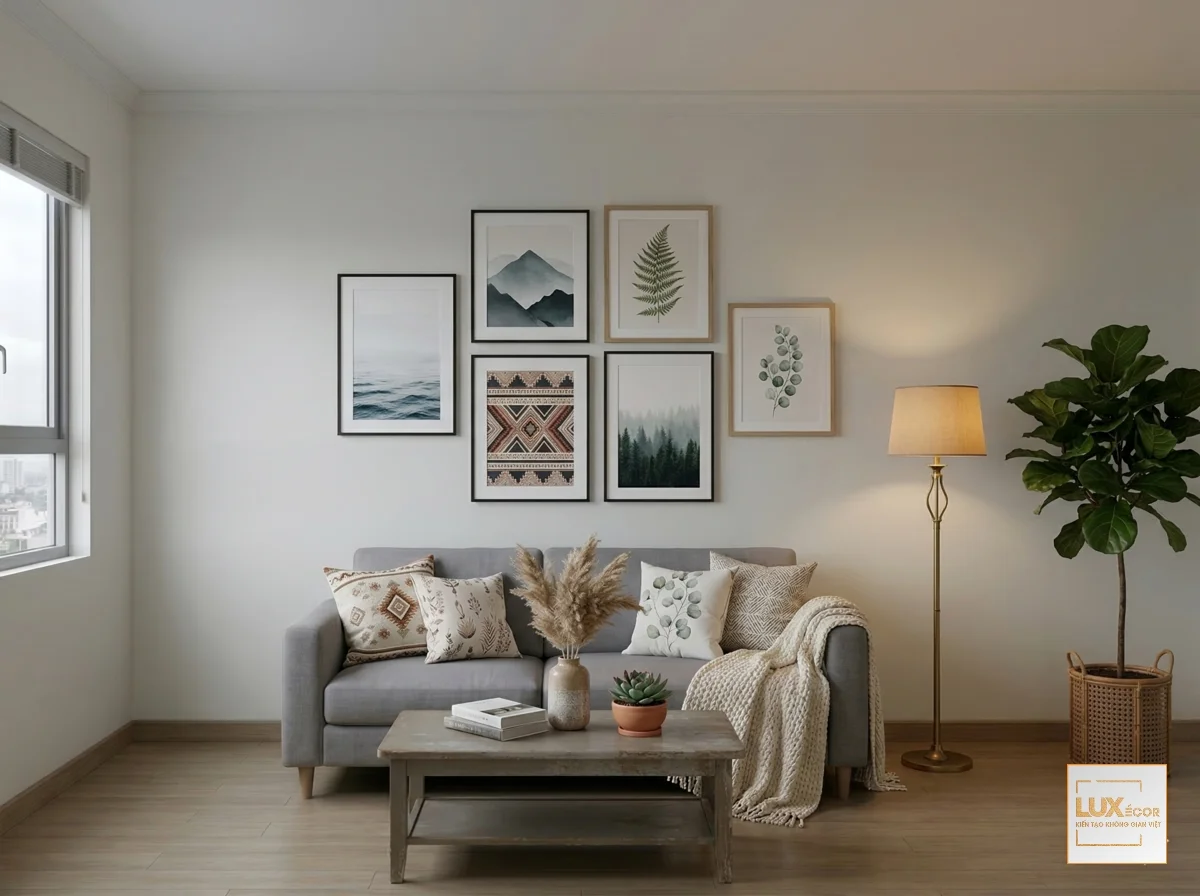 Ảnh thực tế trang trí phòng khách căn hộ dịch vụ bằng tranh canvas giúp không gian ấm cúng.