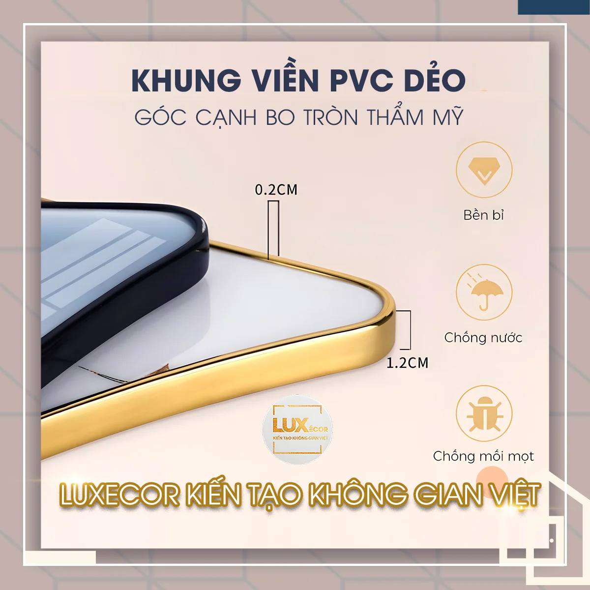Khung Viền PVC Tranh Tráng Gương Bo Góc Thẩm Mỹ Chi tiết khung viền PVC dẻo bo góc giúp tranh tráng gương chống nước và hạn chế mối mọt.