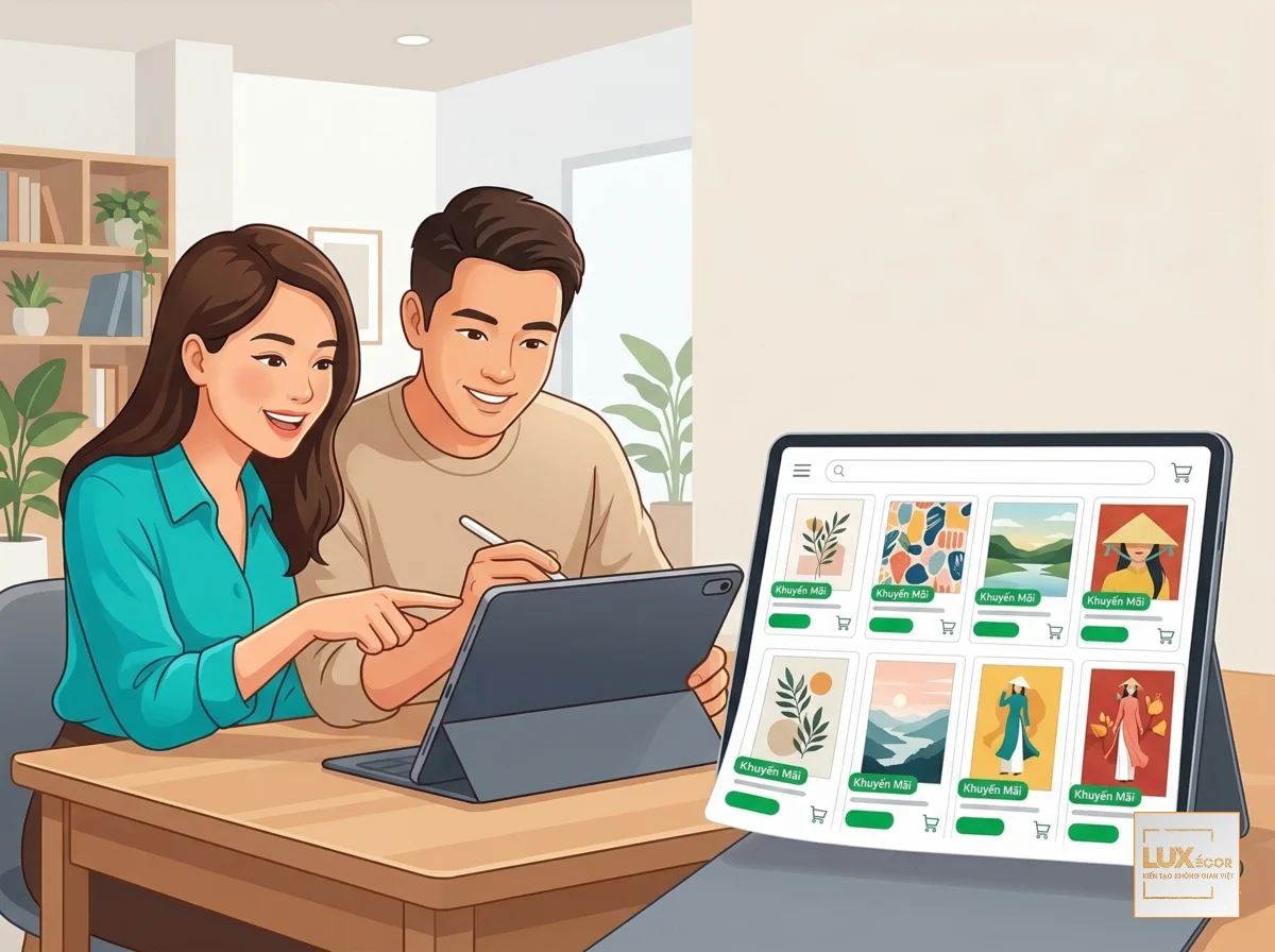 Cặp đôi chủ nhà đang mua tranh treo tường online uy tín, giá tốt.