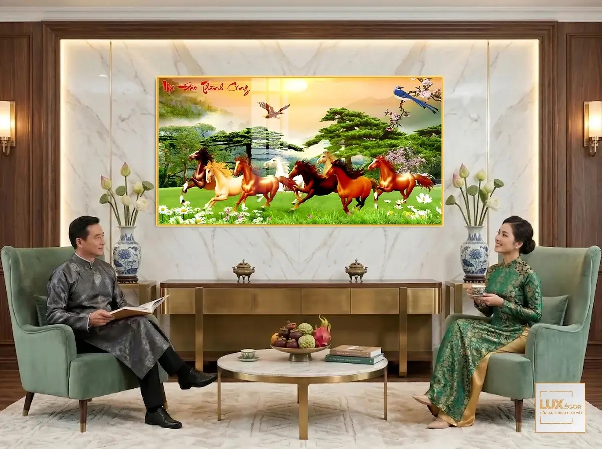 Ảnh thực tế tranh tráng gương gỗ mdf khung viền composite bát mã du xuân thảo nguyên.