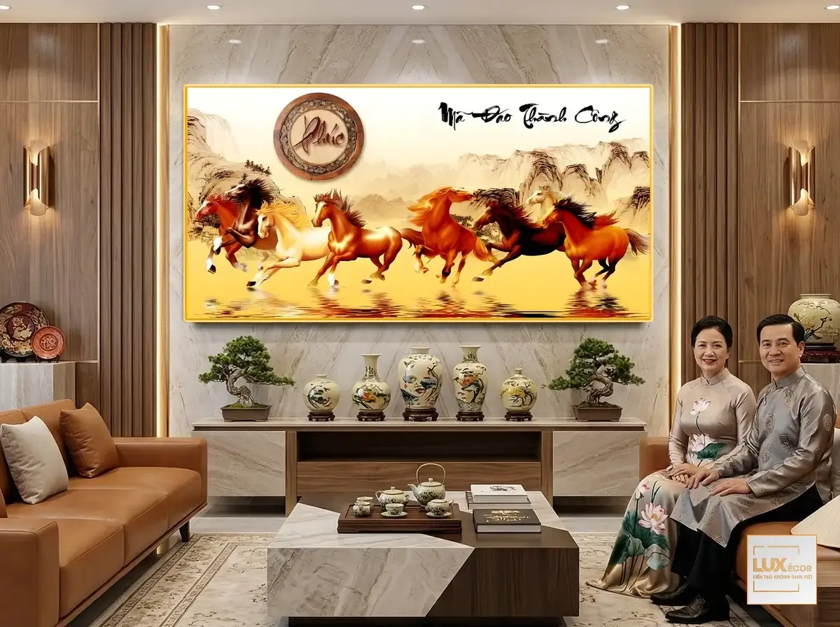 Bức tranh Bát Mã Nghênh Phúc với tone màu vàng kim sang trọng mang đến tài lộc và phúc khí.