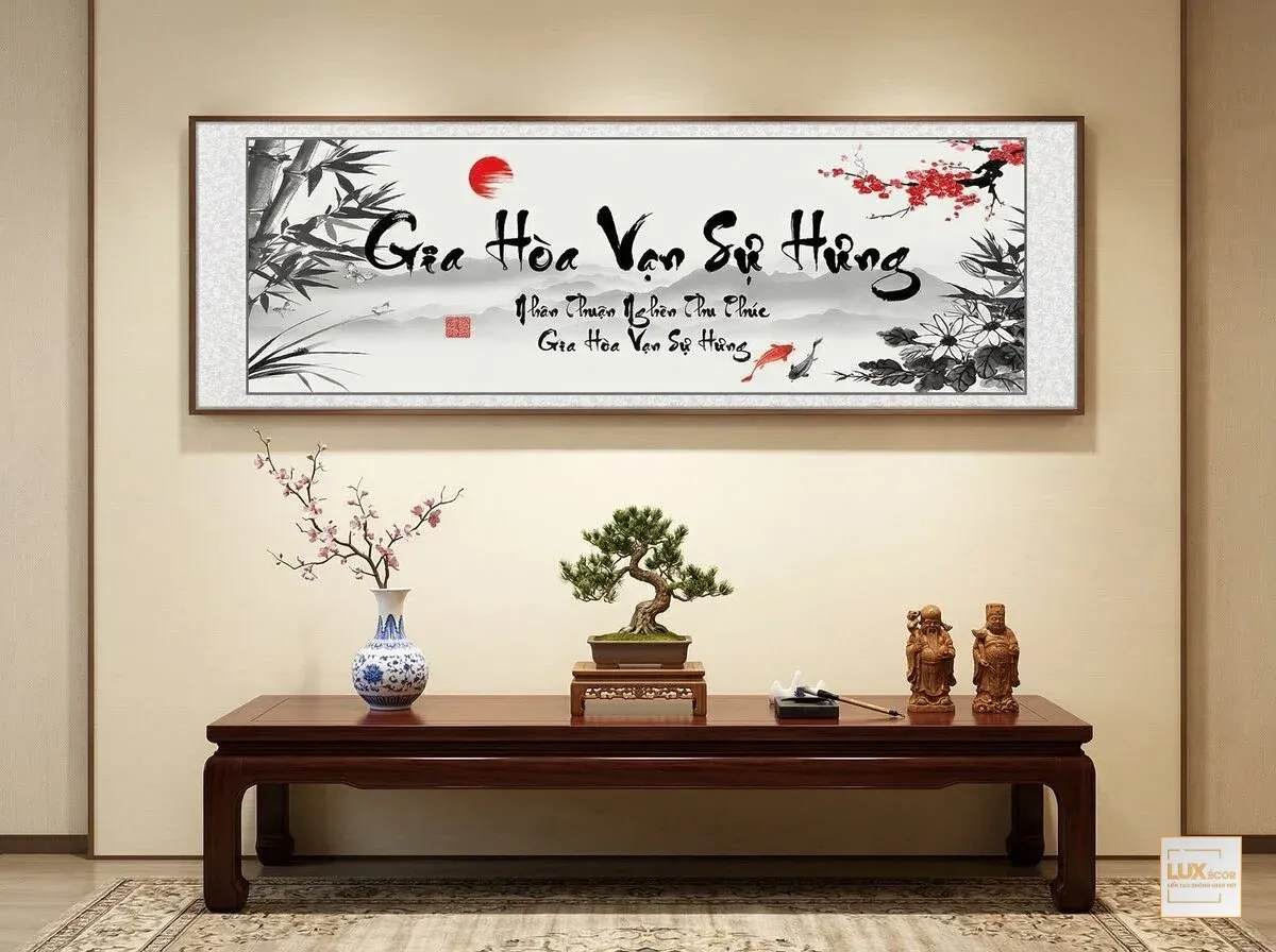 Bức tranh treo phòng khách Gia Hoà Vạn Sự Hưng họa tiết cá chép và trúc rước lộc vượng khí.