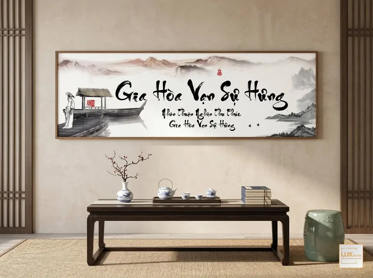 Bức tranh chữ phong thủy Gia Hoà Vạn Sự Hưng cảnh bến đò tĩnh lặng trang trí phòng trà.