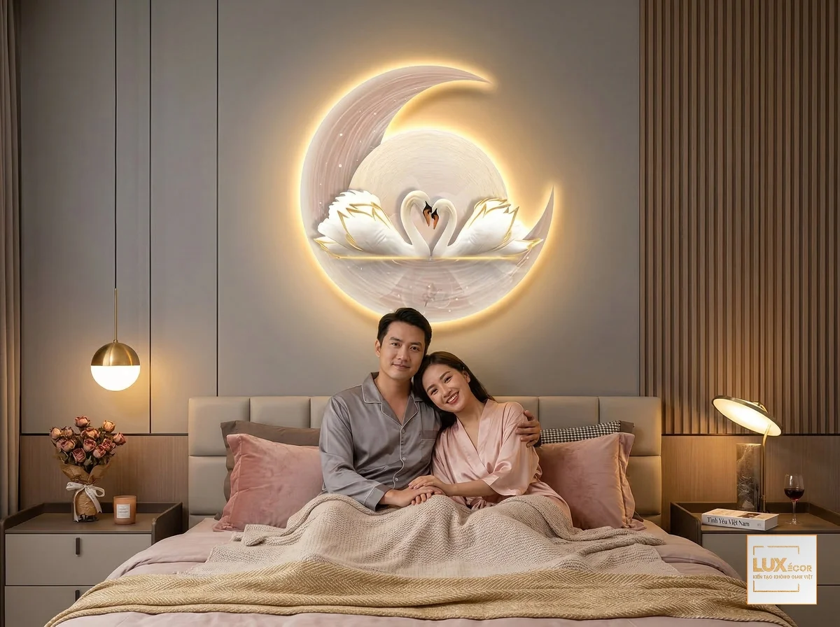 Cặp vợ chồng hạnh phúc ngồi trên giường với tranh đèn LED hắt sáng đôi thiên nga trăng hồng phía trên.