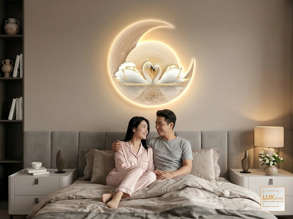 Bức tranh đèn LED tráng gương đôi thiên nga hình trăng khuyết hắt sáng vàng ấm treo đầu giường phòng ngủ vợ chồng.