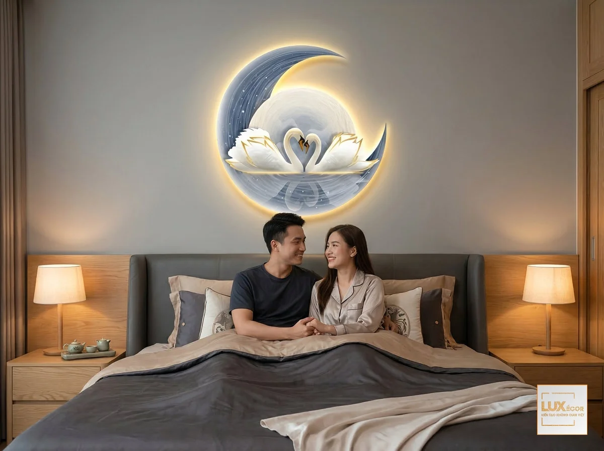 Tranh tráng gương gỗ MDF hình trăng khuyết và đôi thiên nga kết trái tim treo trên đầu giường trong phòng ngủ.