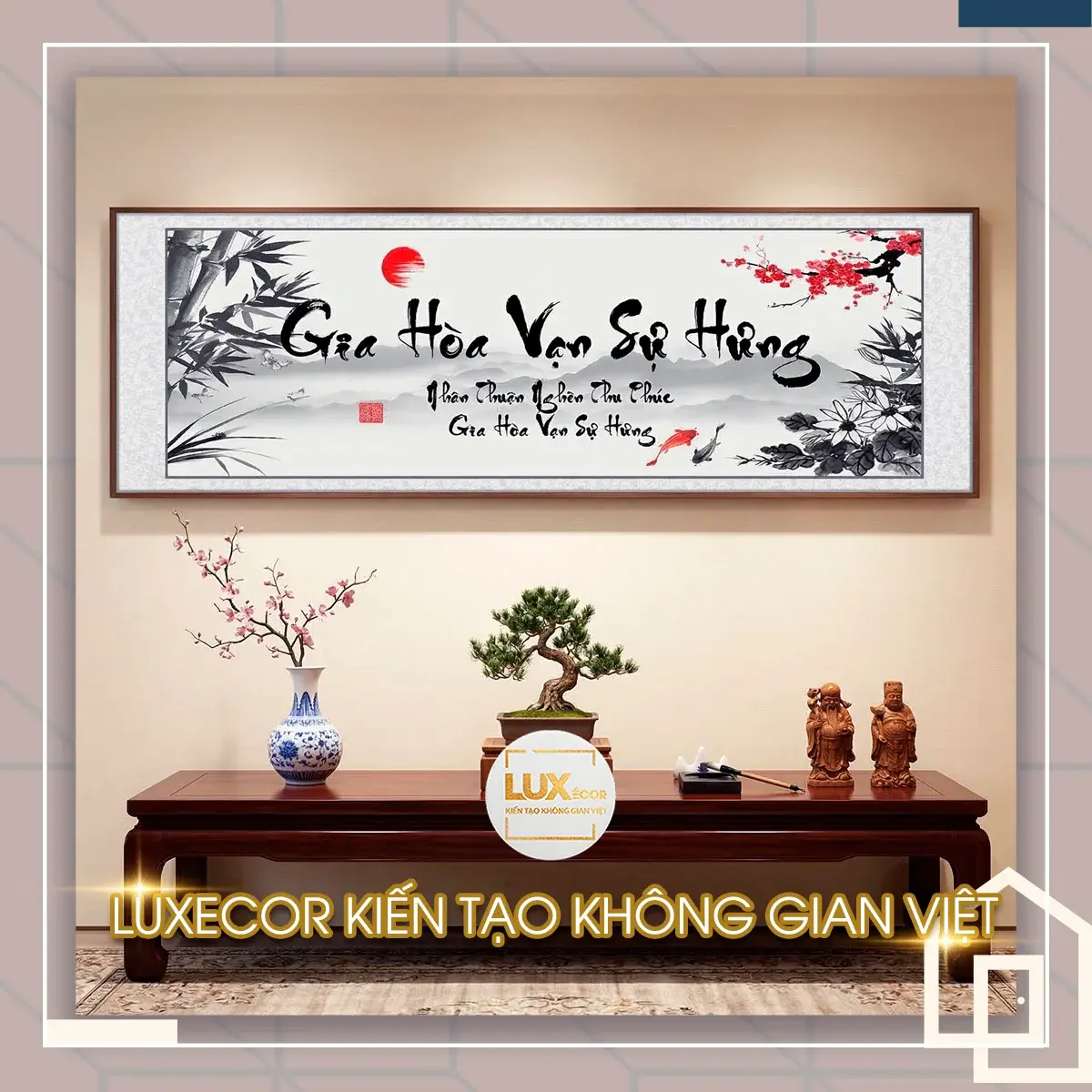 Tranh phong thủy Gia Hòa Vạn Sự Hưng cá chép trúc quân tử Bức tranh treo tường Gia Hòa Vạn Sự Hưng họa tiết cá chép và trúc rước lộc vượng khí.