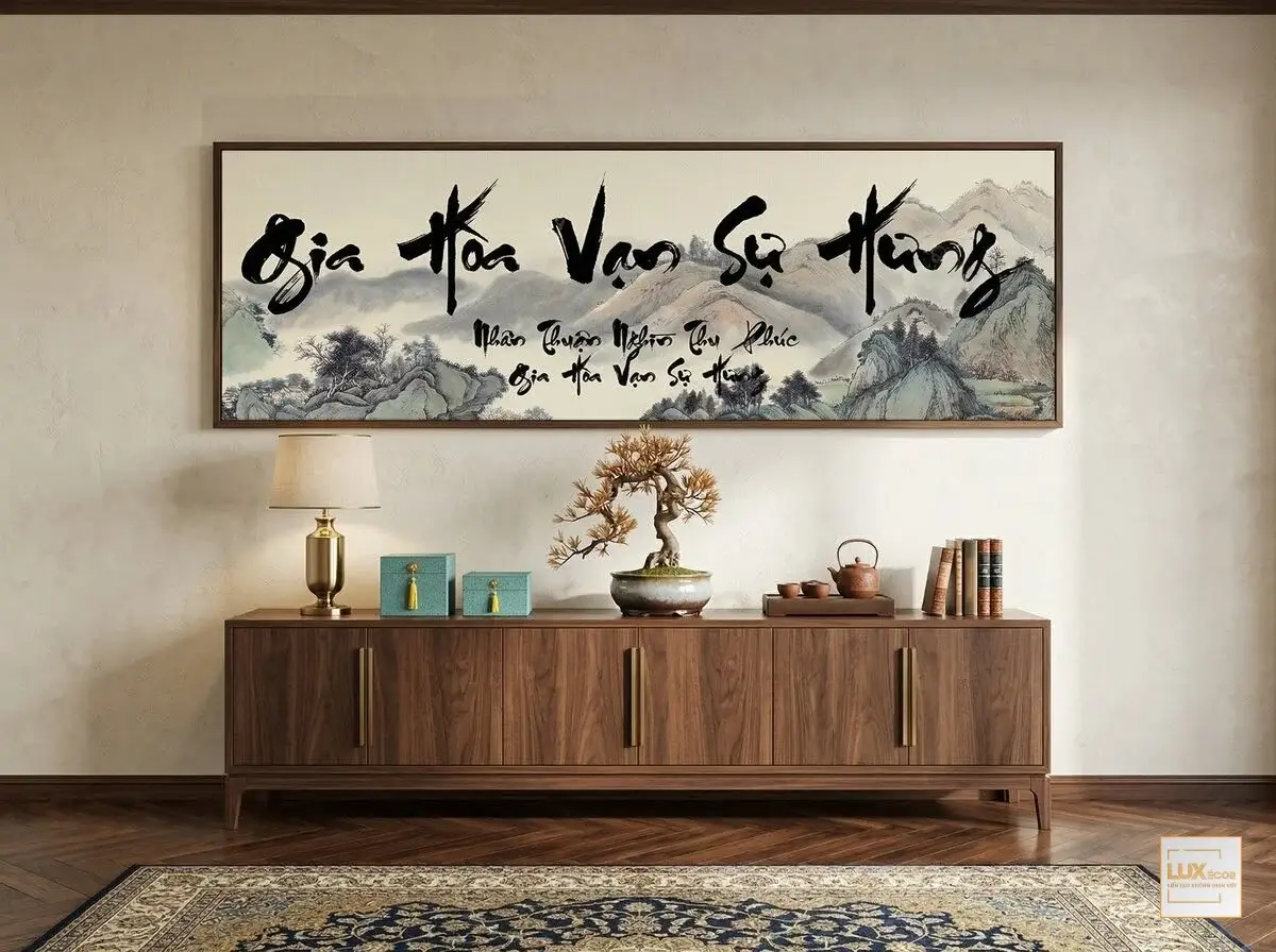 Tranh tráng gương Gia Hoà Vạn Sự Hưng phong cảnh đồi núi tĩnh lặng giúp cân bằng năng lượng.