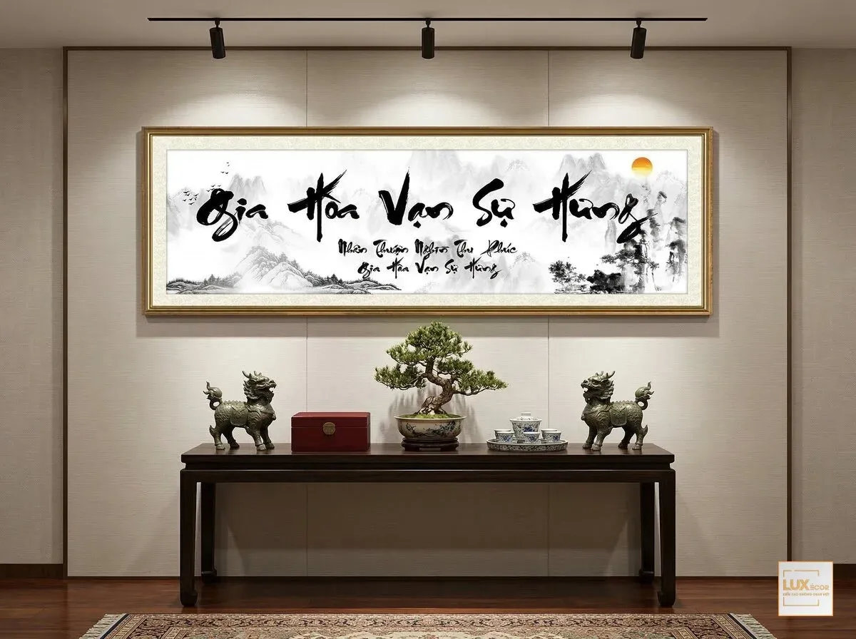 Tranh treo tường phong thủy Gia Hoà Vạn Sự Hưng cảnh mặt trời đỏ rực rỡ mọc trên núi hùng vĩ.