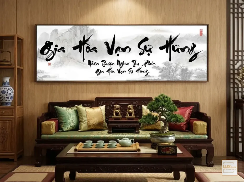 Tranh treo tường phong thủy Gia Hoà Vạn Sự Hưng phong cách thủy mặc núi non tối giản giúp không gian yên bình.