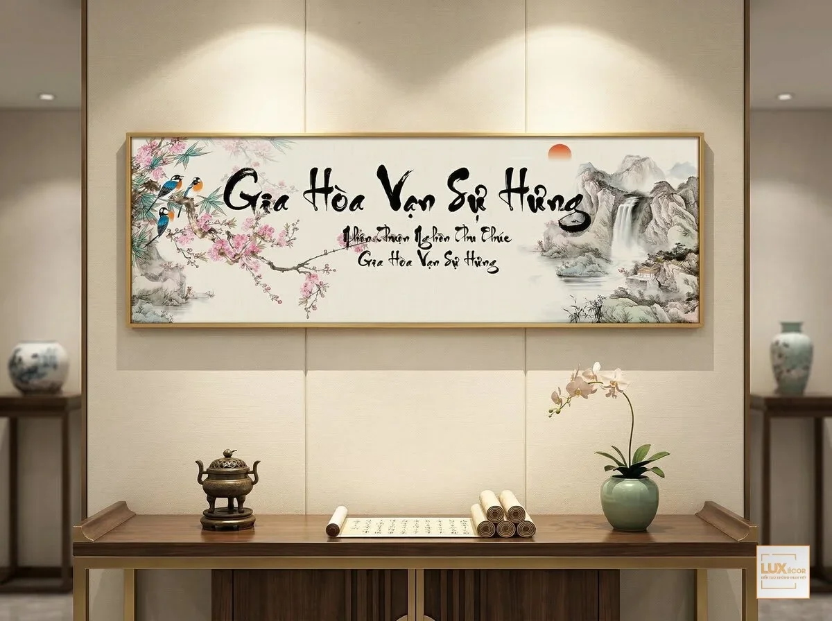 Tranh mica tráng gương Gia Hoà Vạn Sự Hưng cảnh thác nước tài lộc luân chuyển dồi dào liên tục.