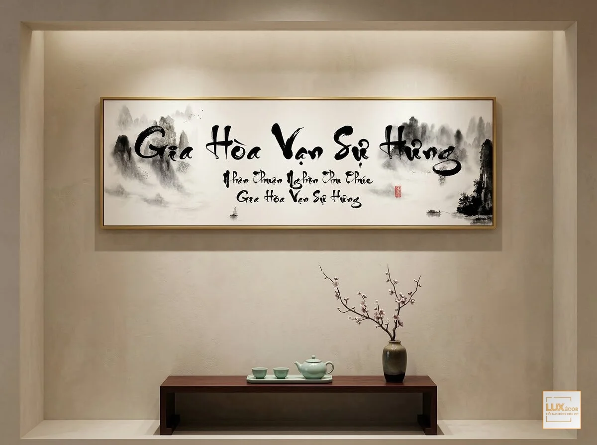 Bức tranh chữ Gia Hoà Vạn Sự Hưng nét mực tàu đen trắng kiến tạo không gian sống tĩnh lặng.