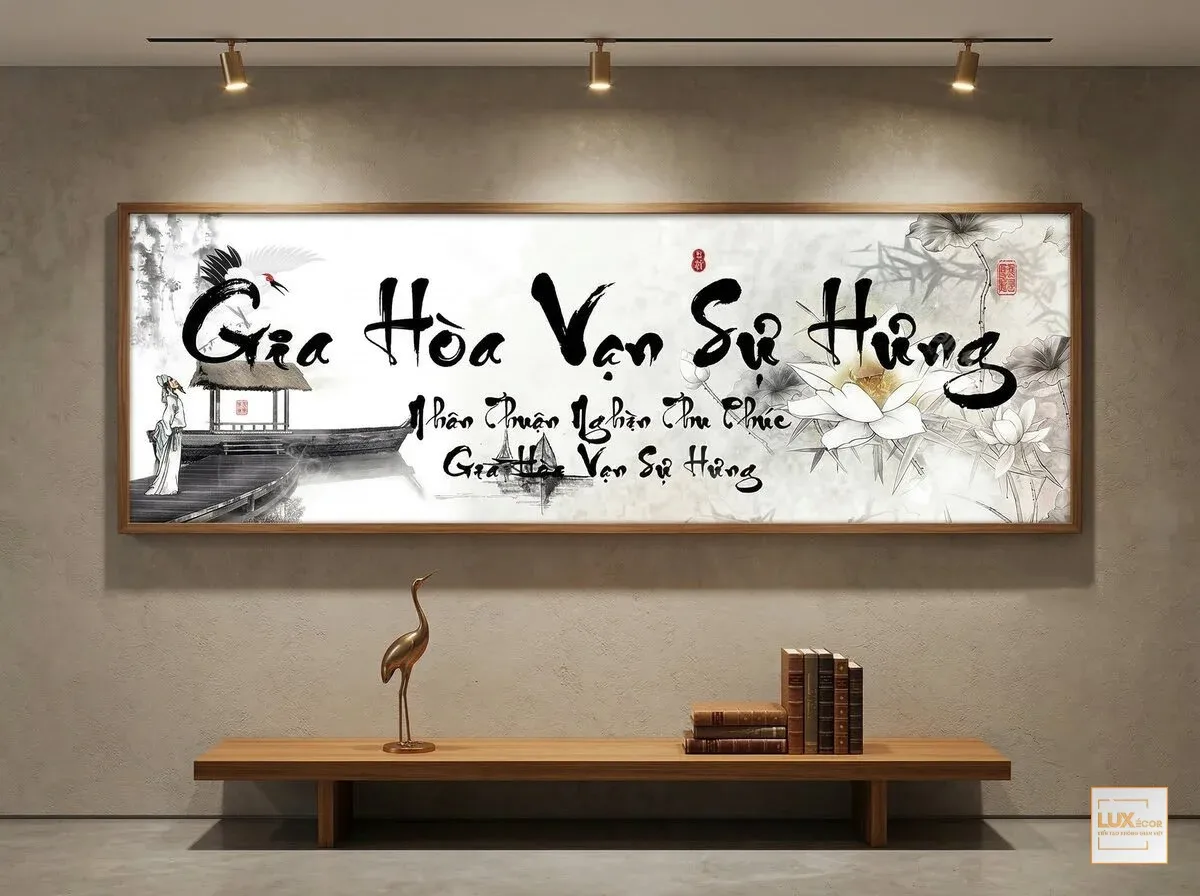 Tranh phong thủy Gia Hoà Vạn Sự Hưng hoa sen thanh tao giúp thanh lọc không gian sống hiện đại.