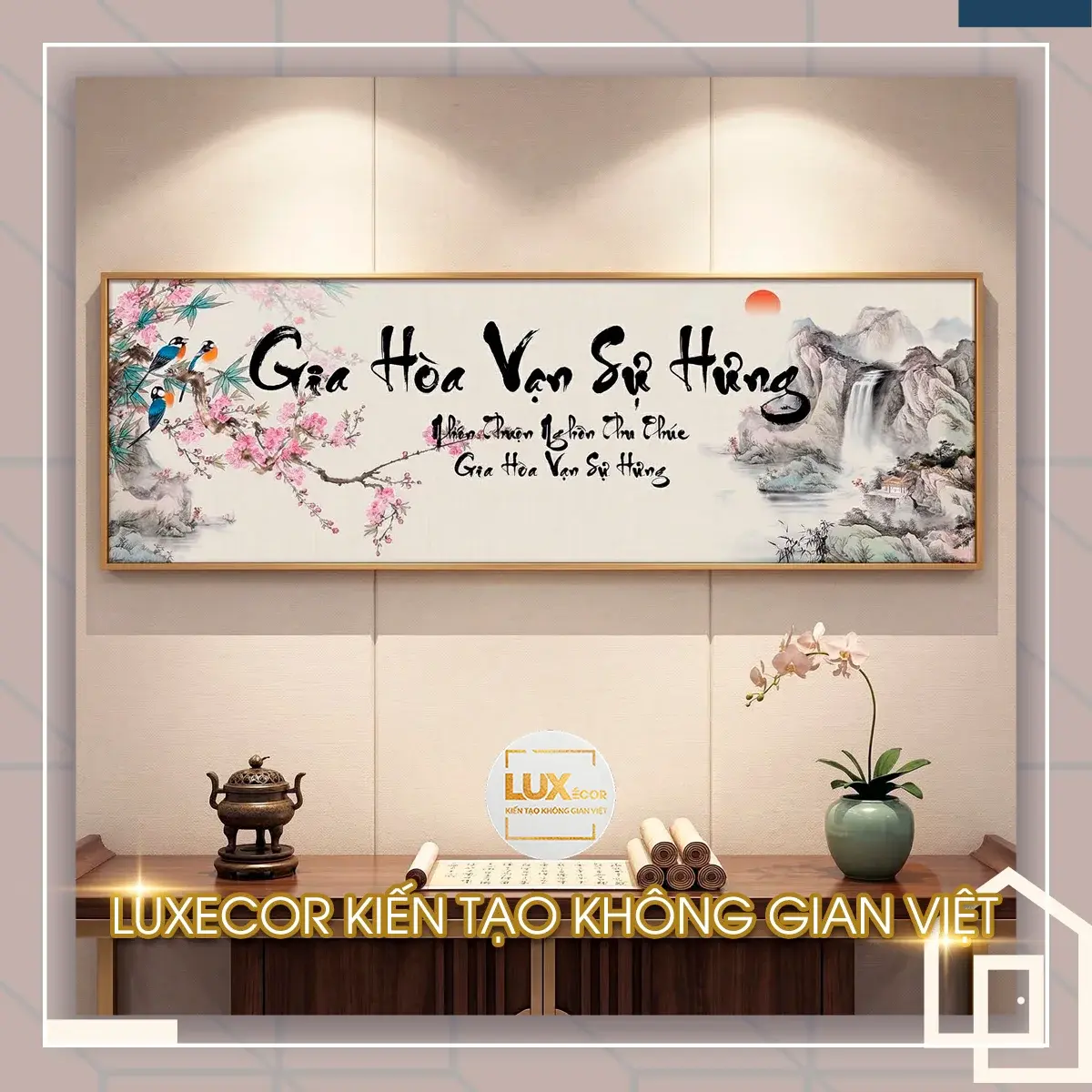 Bức tranh Gia Hòa Vạn Sự Hưng phong cảnh thác nước mùa xuân Mẫu tranh tráng gương Gia Hòa Vạn Sự Hưng cảnh thác nước tài lộc luân chuyển dồi dào liên tục.