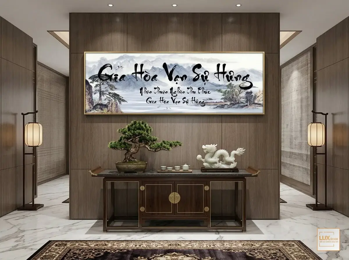 Tranh treo phòng khách Gia Hoà Vạn Sự Hưng cảnh sơn thủy thác nước hùng vĩ thu hút tài lộc dồi dào.