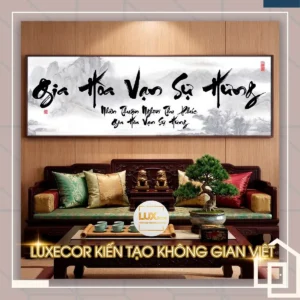 Bức tranh treo tường phòng khách Gia Hòa Vạn Sự Hưng cảnh sơn thủy hữu tình mang lại bình an.