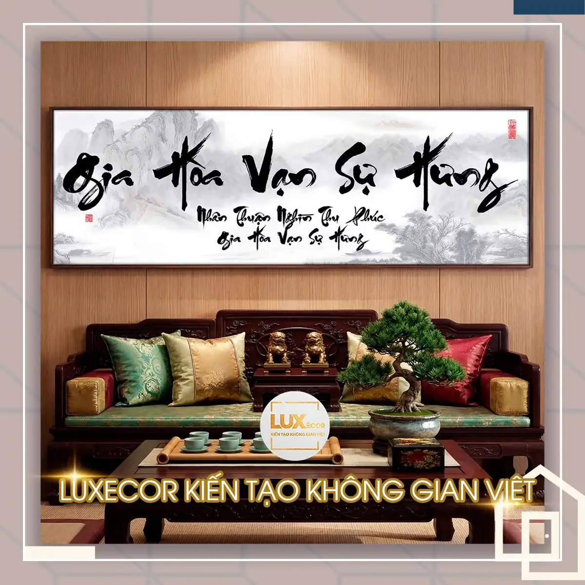 Mẫu tranh thư pháp Gia Hòa Vạn Sự Hưng phong cảnh sơn thủy đẹp Bức tranh treo tường phòng khách Gia Hòa Vạn Sự Hưng cảnh sơn thủy hữu tình mang lại bình an.