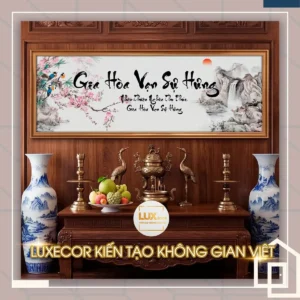 Tranh phong thủy Gia Hòa Vạn Sự Hưng họa tiết thác nước chim muông treo tường mảng chính.