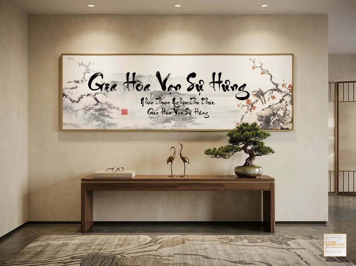 Mẫu tranh phong thủy Gia Hoà Vạn Sự Hưng họa tiết hoa đào chim én rước lộc vào nhà.