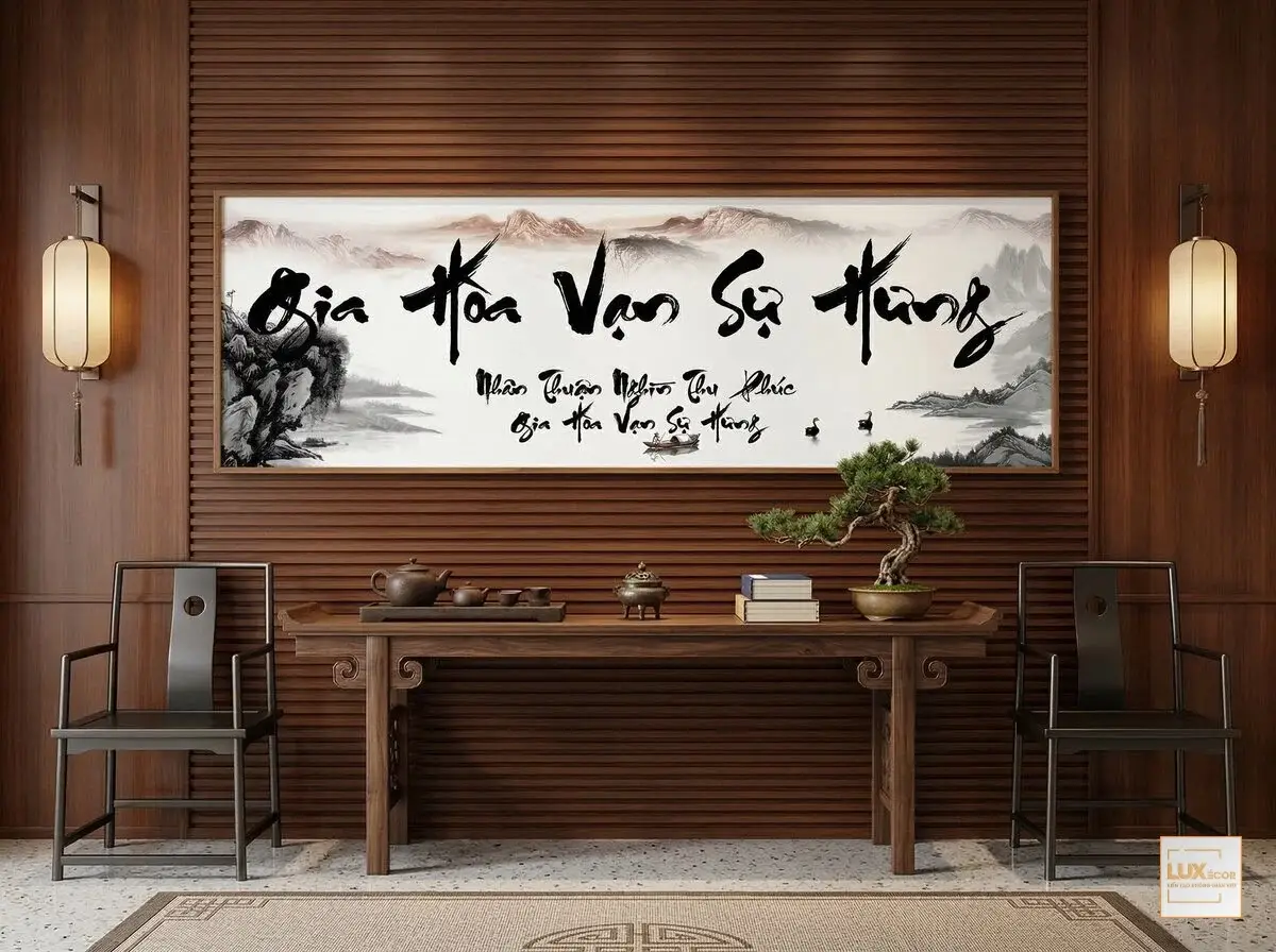 Mẫu tranh gỗ tráng gương Gia Hoà Vạn Sự Hưng tông màu cổ điển vô cùng thanh lịch cho không gian gỗ.