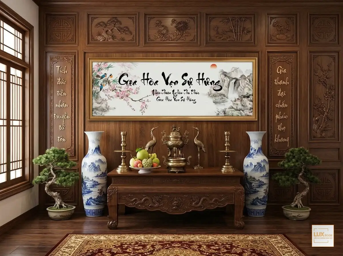 Tranh treo tường phong thủy Gia Hoà Vạn Sự Hưng cảnh thác nước chảy và chim muông vui rộn ràng.