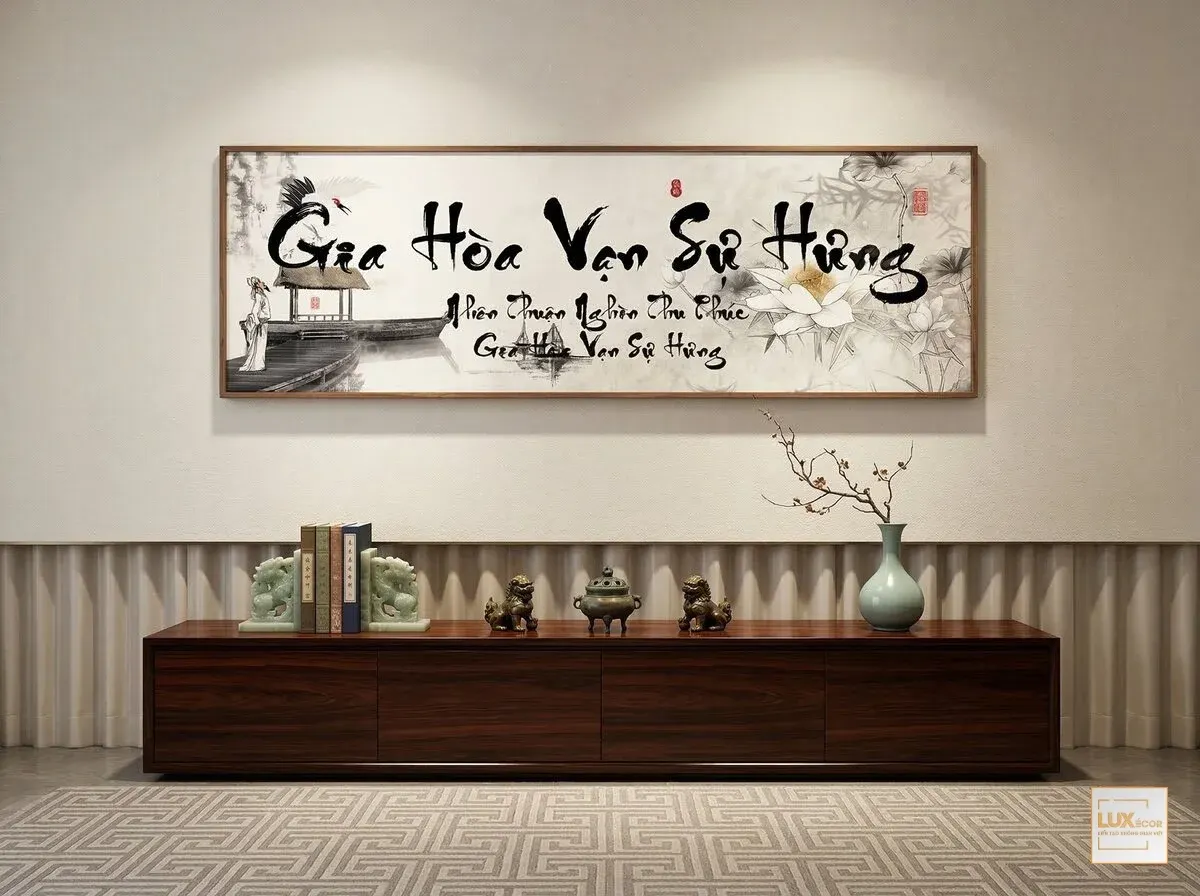Mẫu tranh gỗ tráng gương hoa sen thanh khiết kết hợp chữ thư pháp Gia Hoà Vạn Sự Hưng treo phòng trà.