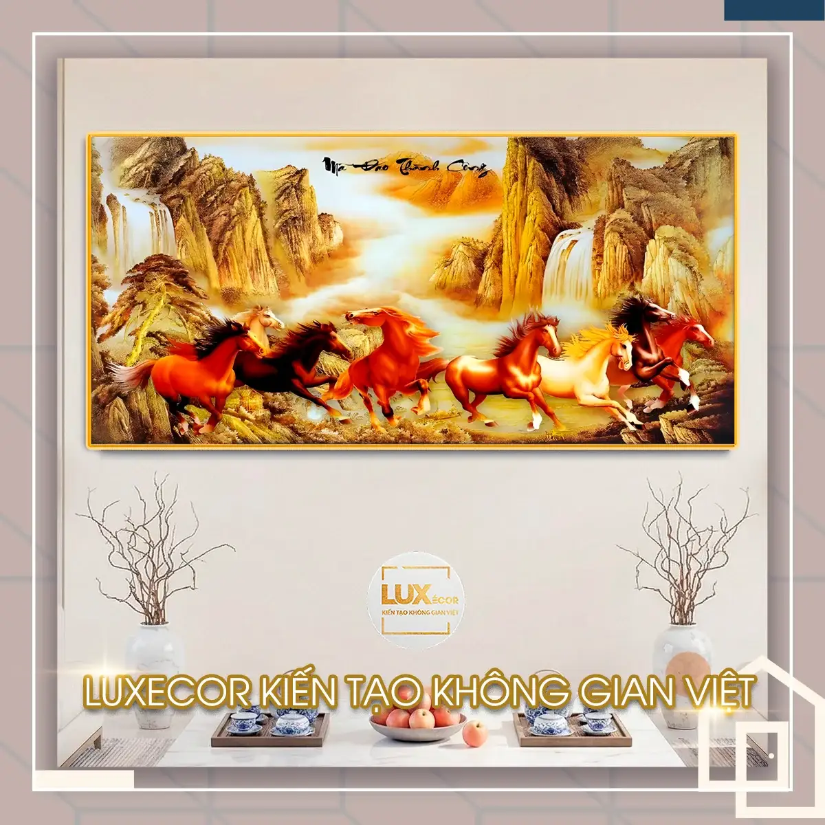 Tranh tráng gương mã đáo thành công in 3D sắc nét Tranh tráng gương mã đáo thành công gỗ MDF viền composite in 3D núi non sắc nét.