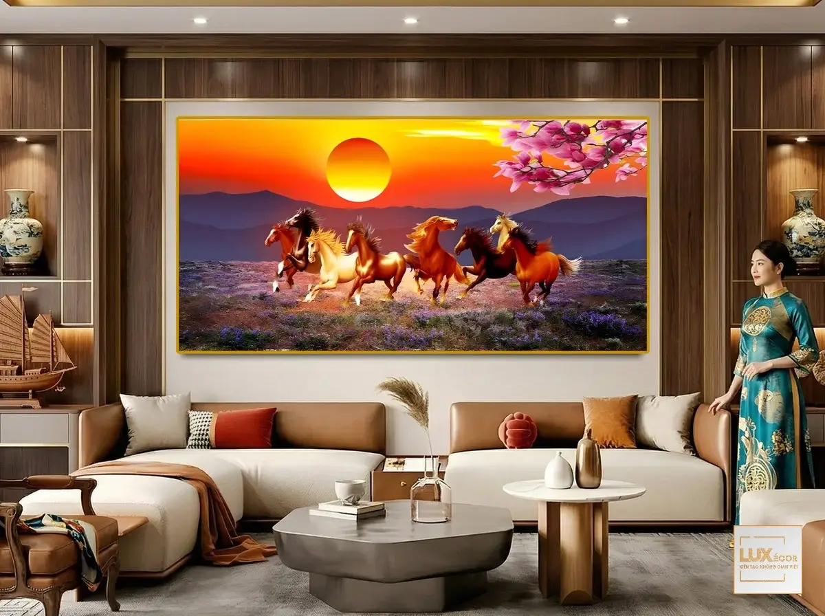 Tranh tráng gương mã đáo thành công bát mã tung vó trên cánh đồng hoa tím lãng mạn dưới hoàng hôn rực cháy.