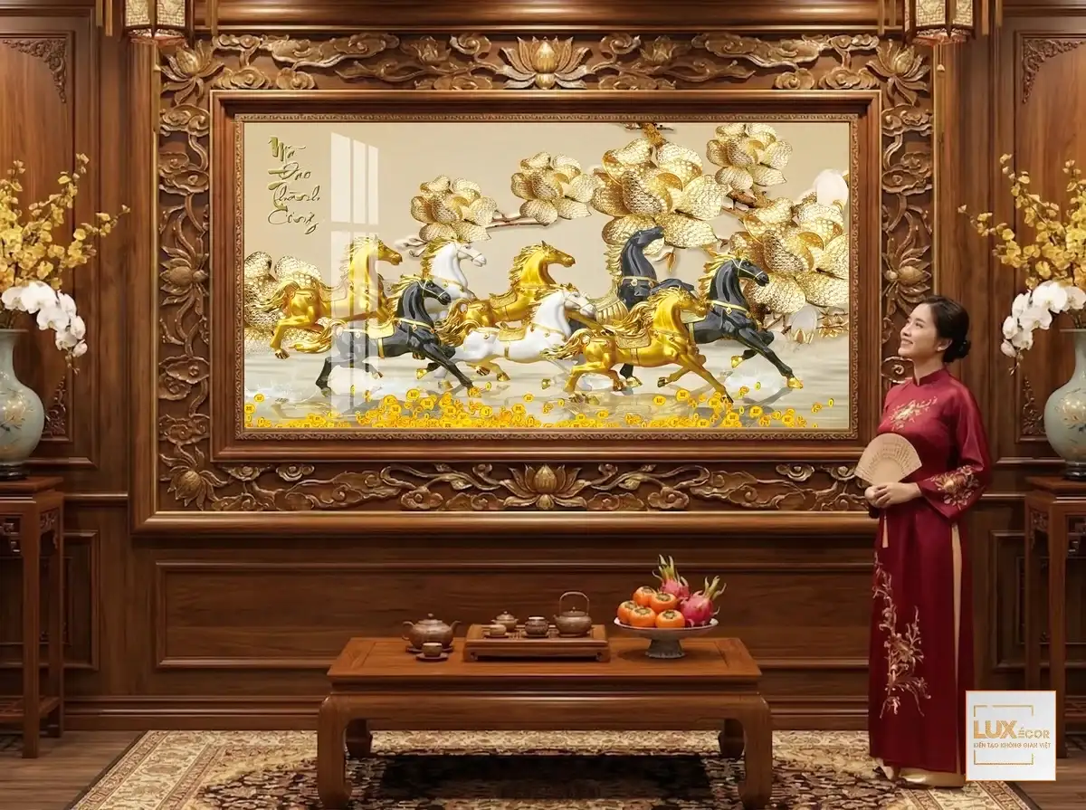 Tranh tráng gương mã đáo thành công bát mã hoàng kim đắp nổi chạy trên thảm tiền vàng và sen vàng phú quý.