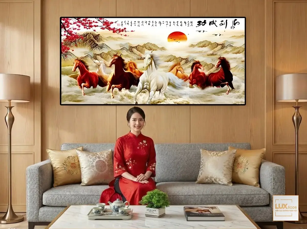 Tranh tráng gương mã đáo thành công tám chú ngựa chạy qua nước dưới tán hoa đào đỏ phong thủy treo phòng khách.