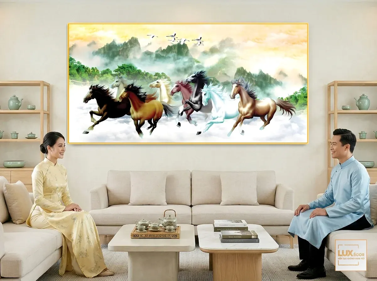 Tranh tráng gương mã đáo thành công Bát Mã treo phòng khách. Một cặp đôi mặc áo dài ngồi mỉm cười trên sofa kem.