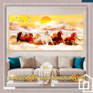 Tranh tráng gương mã đáo thành công gỗ MDF viền composite bát mã vượt biển mây.