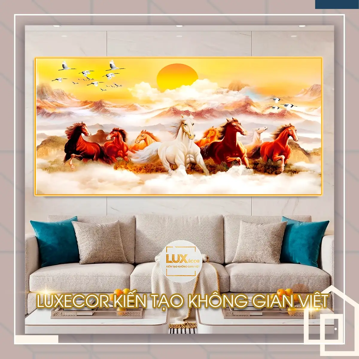 Tranh tráng gương mã đáo thành công bát mã vượt biển mây Tranh tráng gương mã đáo thành công gỗ MDF viền composite bát mã vượt biển mây.