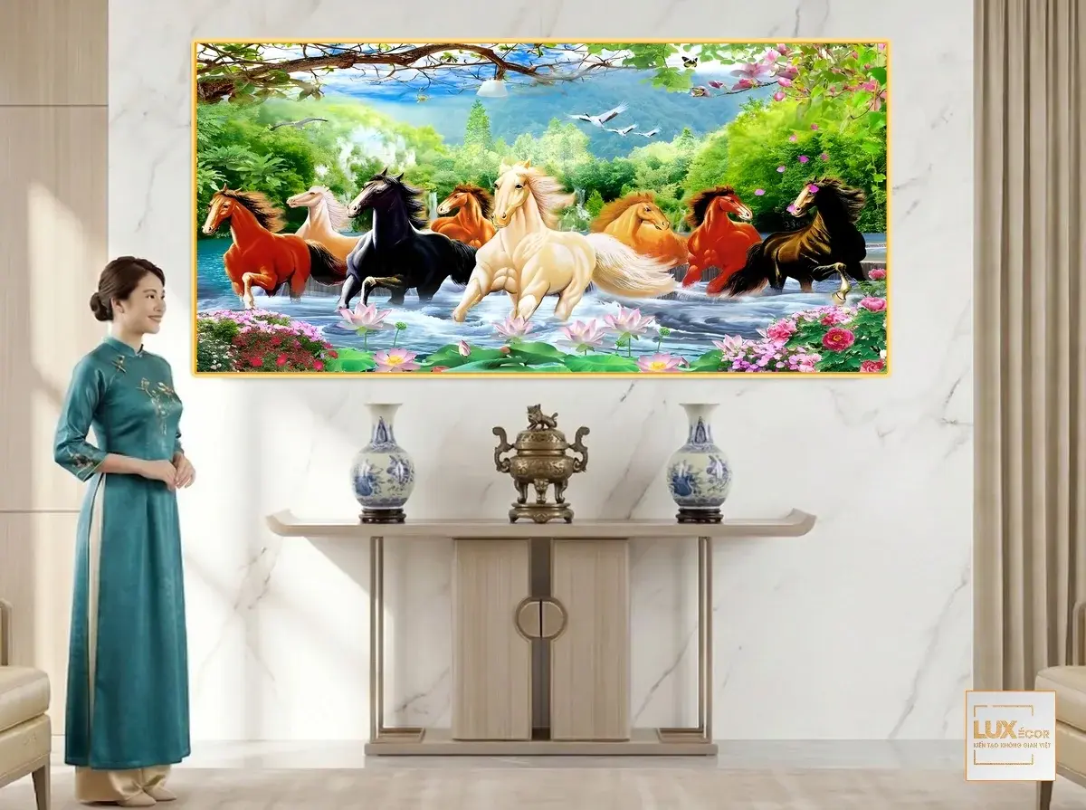 Tranh tráng gương mã đáo thành công bát mã dũng mãnh rẽ sóng nước dưới nắng hoàng hôn vàng rực rỡ mang vượng khí