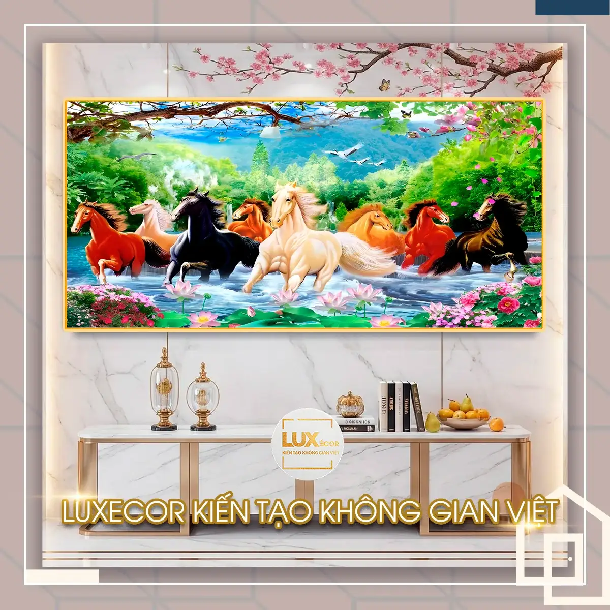 Tranh tráng gương mã đáo thành công 3D bóng mịn cảnh hoa sen Tranh tráng gương mã đáo thành công gỗ MDF viền composite in 3D bóng mịn cảnh hoa sen.