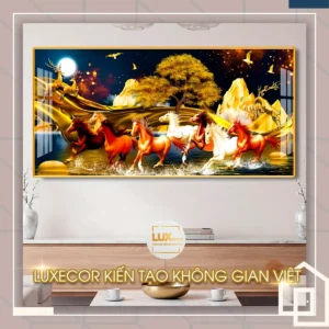 Tranh tráng gương mã đáo thành công gỗ MDF viền composite cảnh đêm hoàng kim.