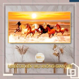 Tranh tráng gương mã đáo thành công gỗ MDF viền composite cảnh bát mã vượt sóng biển.