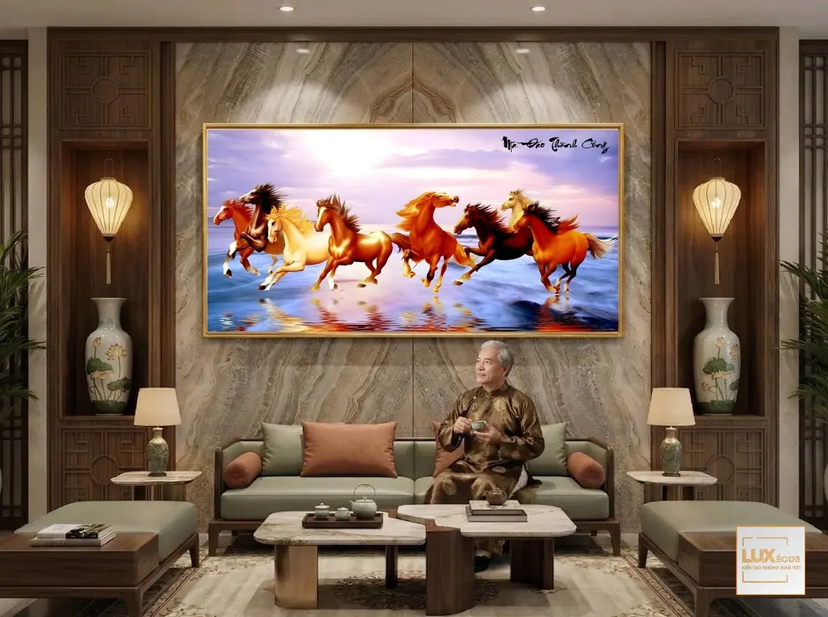 Tranh tráng gương mã đáo thành công đạp nước bình minh màu tím hồng báo hiệu khởi sắc.