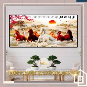 Tranh tráng gương mã đáo thành công gỗ MDF viền composite bát mã truy phong đón xuân.