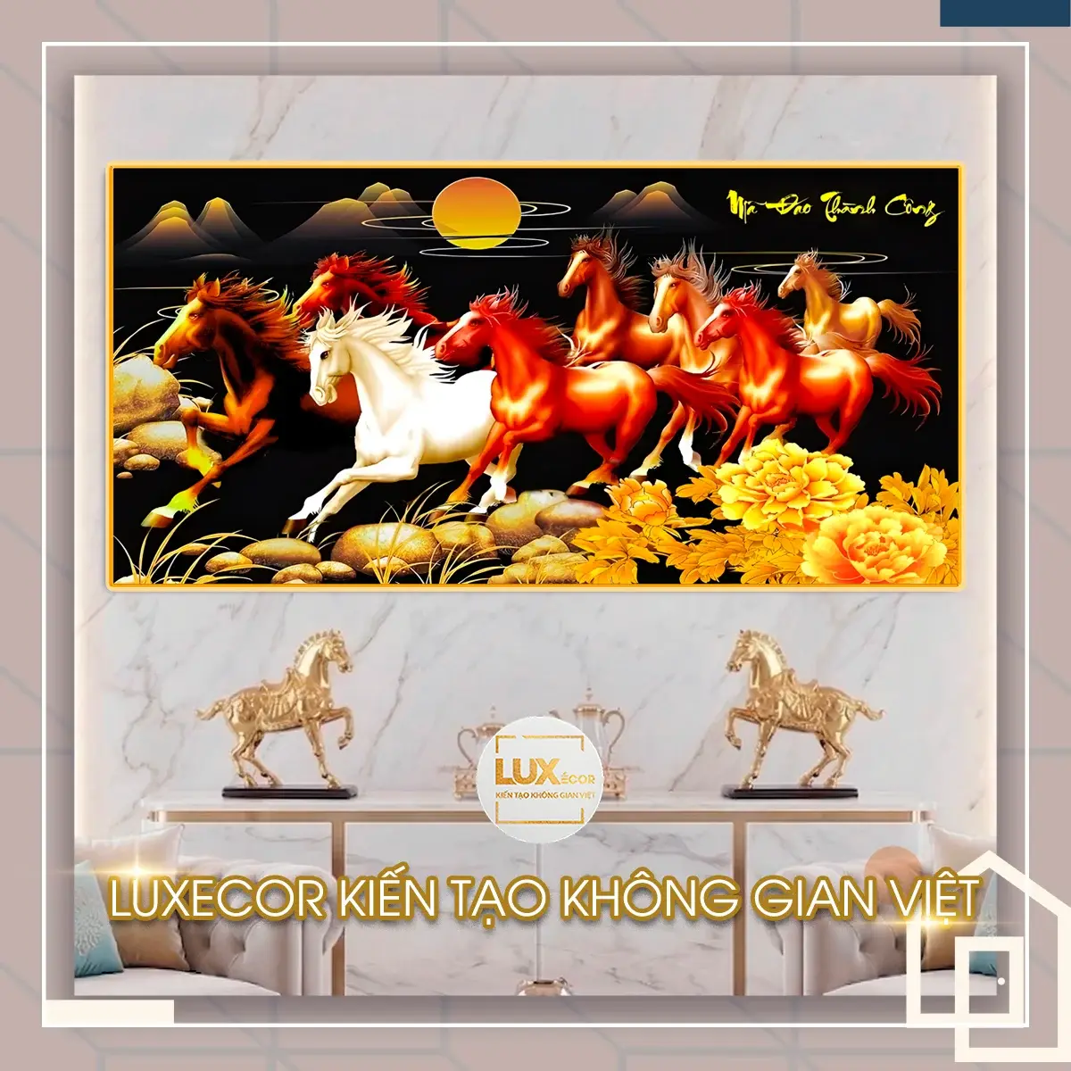 Tranh tráng gương mã đáo thành công nền đen 3D sắc nét Tranh tráng gương mã đáo thành công gỗ MDF viền composite nền đen hoa mẫu đơn 3D.