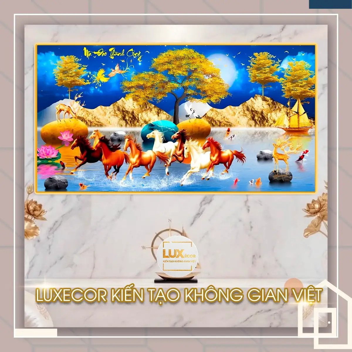 Tranh tráng gương mã đáo thành công quà tặng đối tác Tranh tráng gương mã đáo thành công gỗ MDF viền composite bát mã và thuyền biếu đối tác.