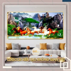 Tranh tráng gương mã đáo thành công gỗ MDF viền composite thác nước biếu khai trương.